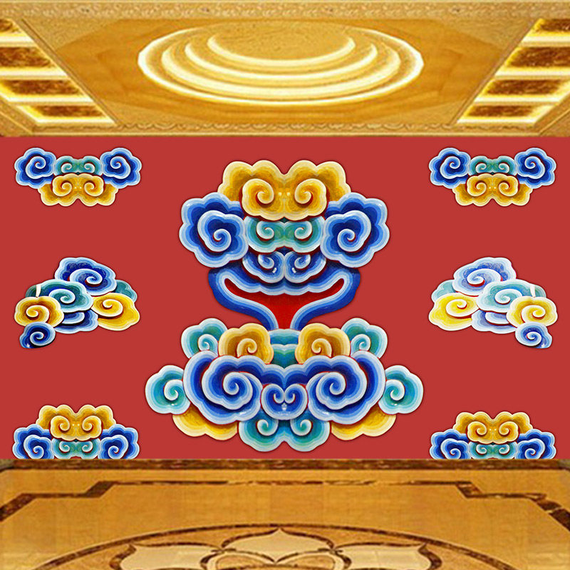 青花五彩祥云墙纸中式古建餐厅装饰墙天花板吊顶画佛堂供桌台壁画,家装主材,定制壁画,淘宝优惠券,粉丝福利购,淘宝优惠卷