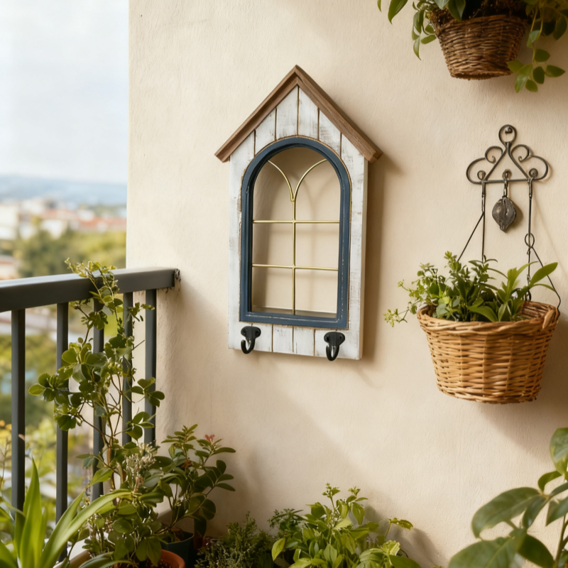 跨境花园装饰复古做旧阳台假窗壁饰摆件创意木质铁艺挂件窗户挂钩