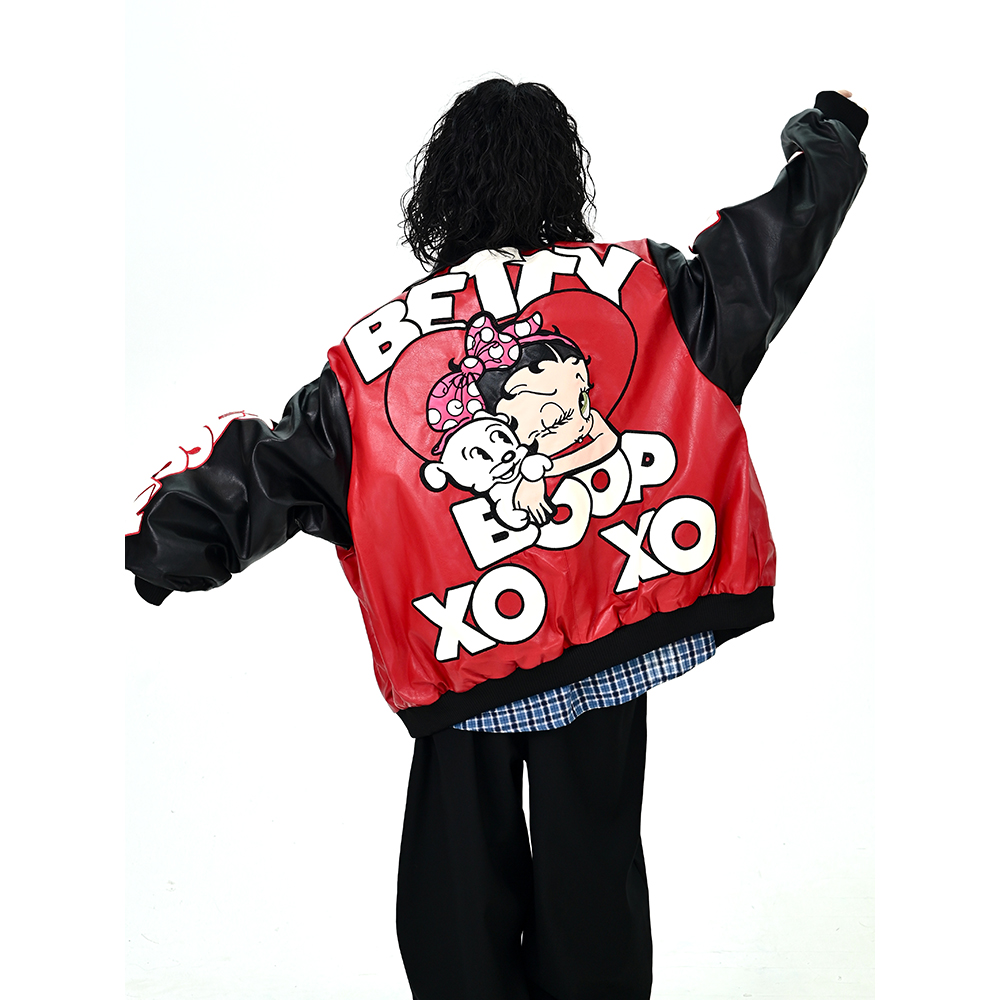 怕麻烦撞色爱心动漫翻领夹克