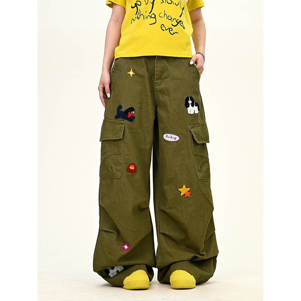 怕麻烦绿色卡通工装休闲裤