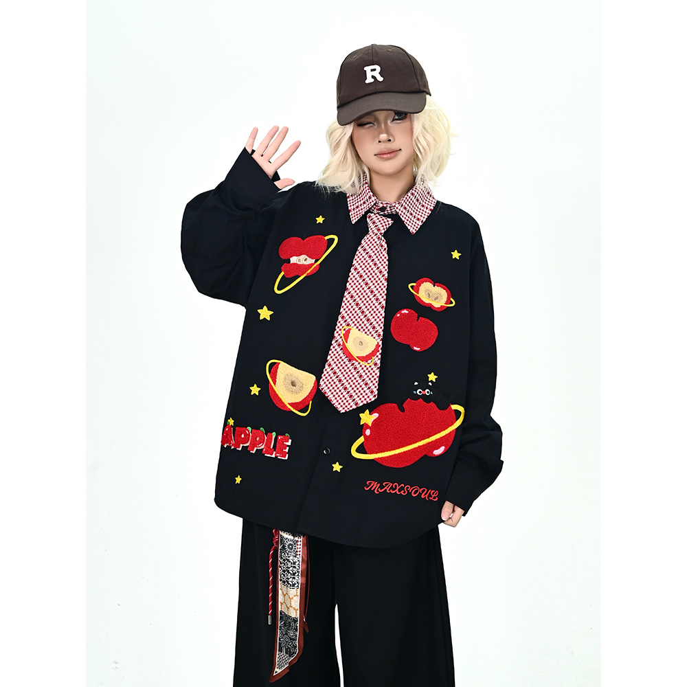 怕麻烦黑色苹果刺绣领带长袖衬衫女2025秋季新款宽松bf学院风上衣