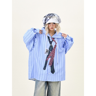 宽松bf美式 怕麻烦领带条纹连帽长袖 新款 女2025秋季 学院风上衣 衬衫