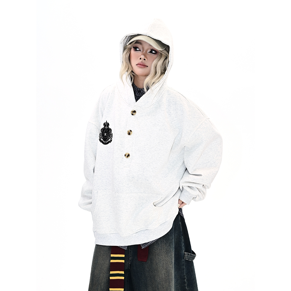 怕麻烦灰色徽章半开领连帽卫衣女2025秋季新款宽松bf美式潮牌上衣