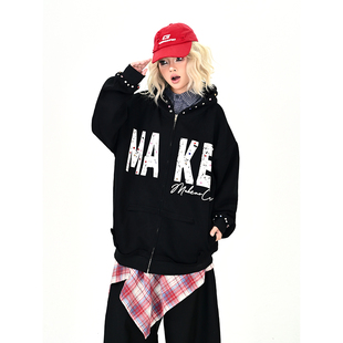 学院风外套 怕麻烦黑色烫钻设计卫衣开衫 女2025秋季 新款 宽松bf美式