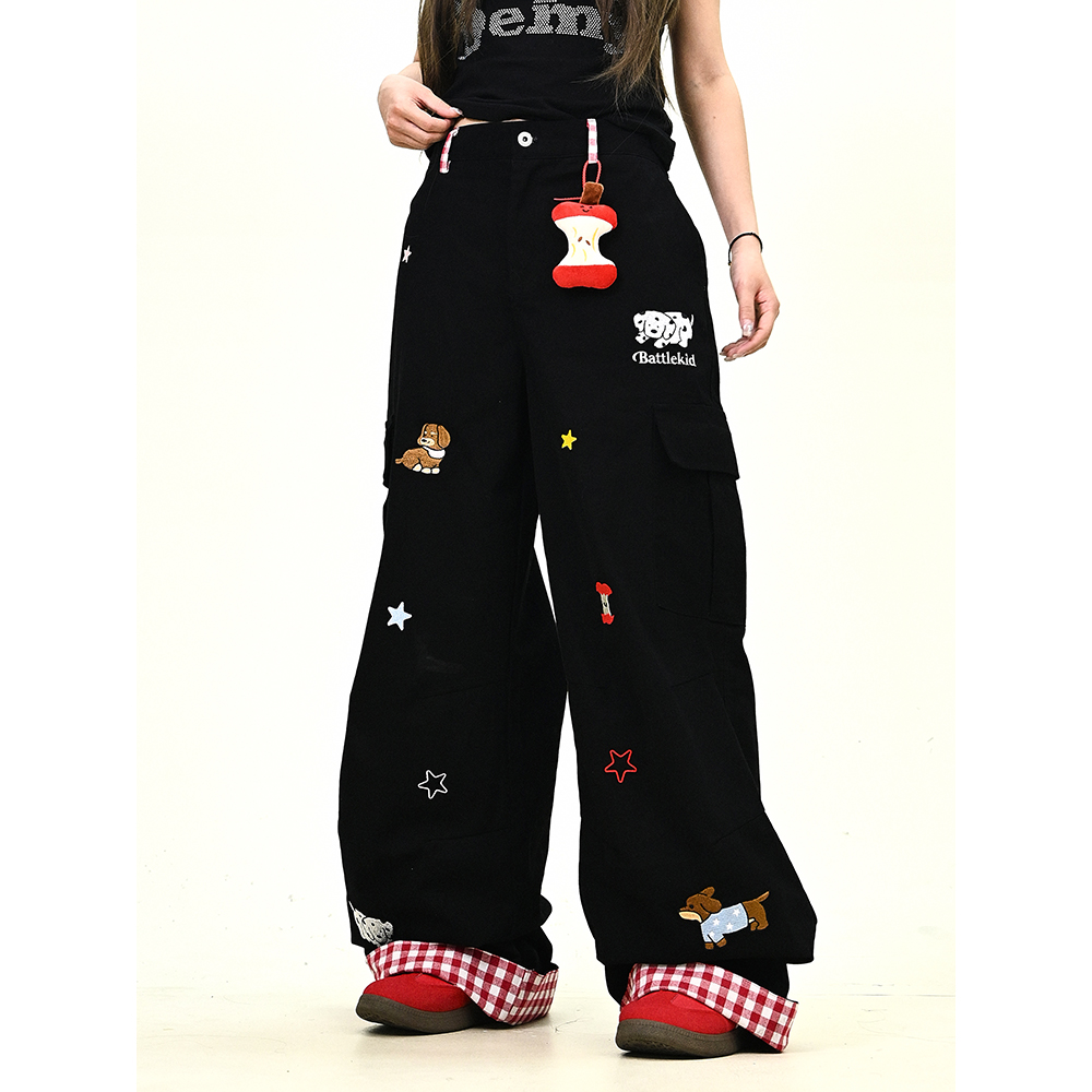 怕麻烦黑色小狗刺绣工装休闲裤女2025夏新款宽松bf美式潮牌阔腿裤