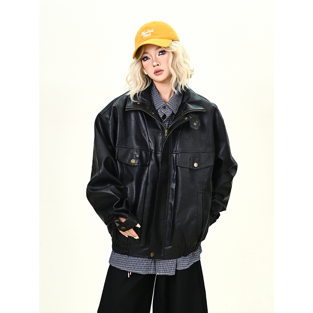 怕麻烦黑色PU皮翻领夹克女2025秋新款宽松bf美式街头痞帅情侣外套