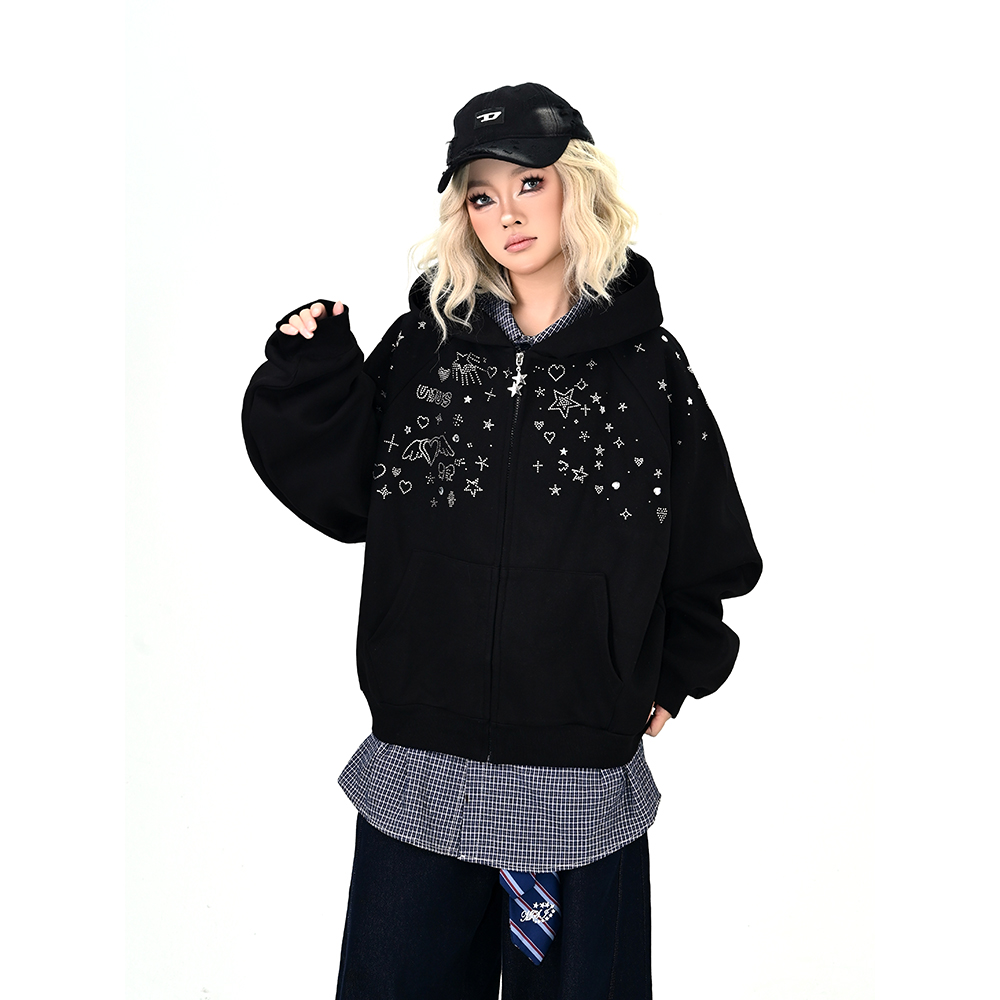 怕麻烦黑色烫钻爱心连帽卫衣开衫女2025秋季新款宽松bf学院风外套