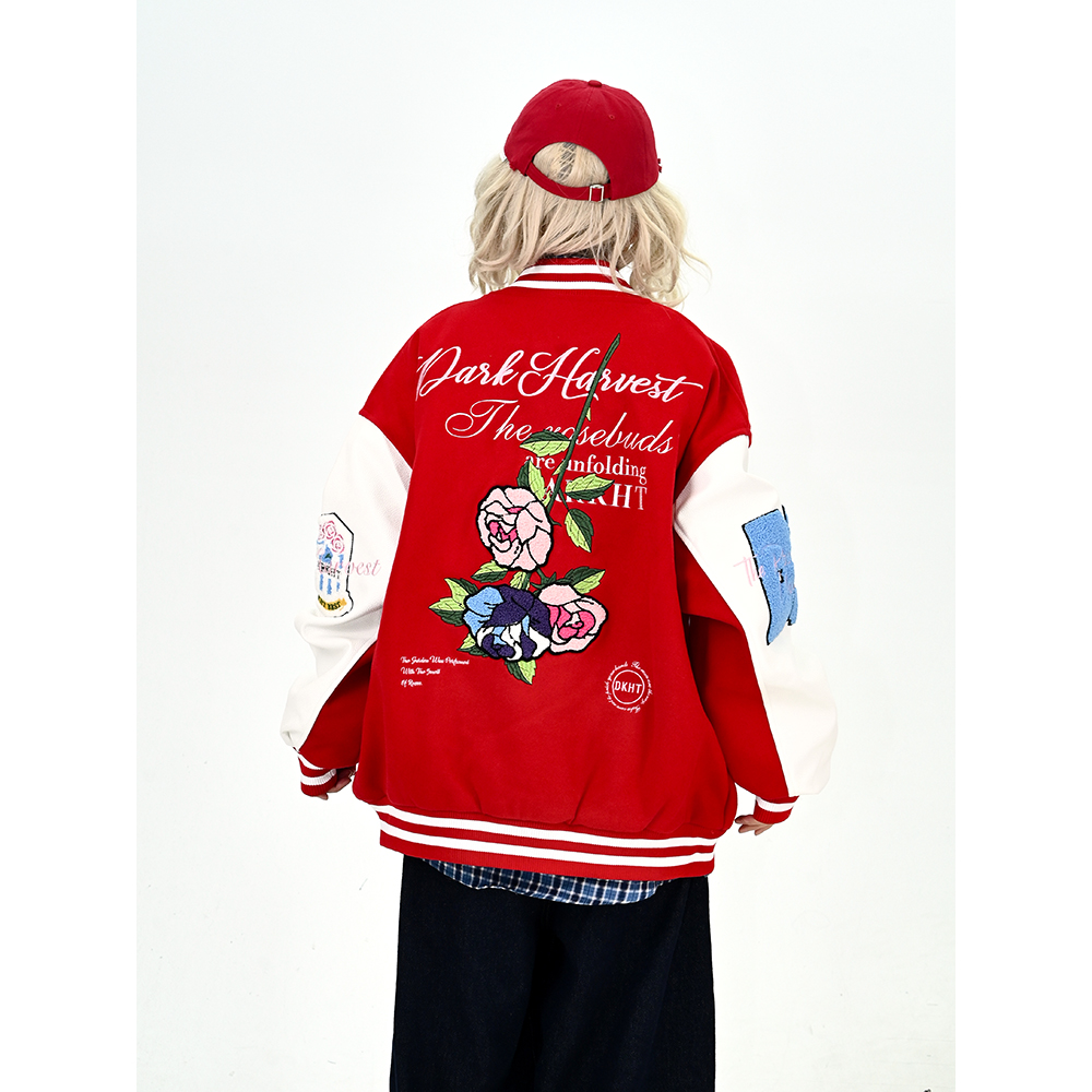 怕麻烦红色花朵刺绣棒球服外套女2025秋季新款宽松bf韩系潮牌夹克