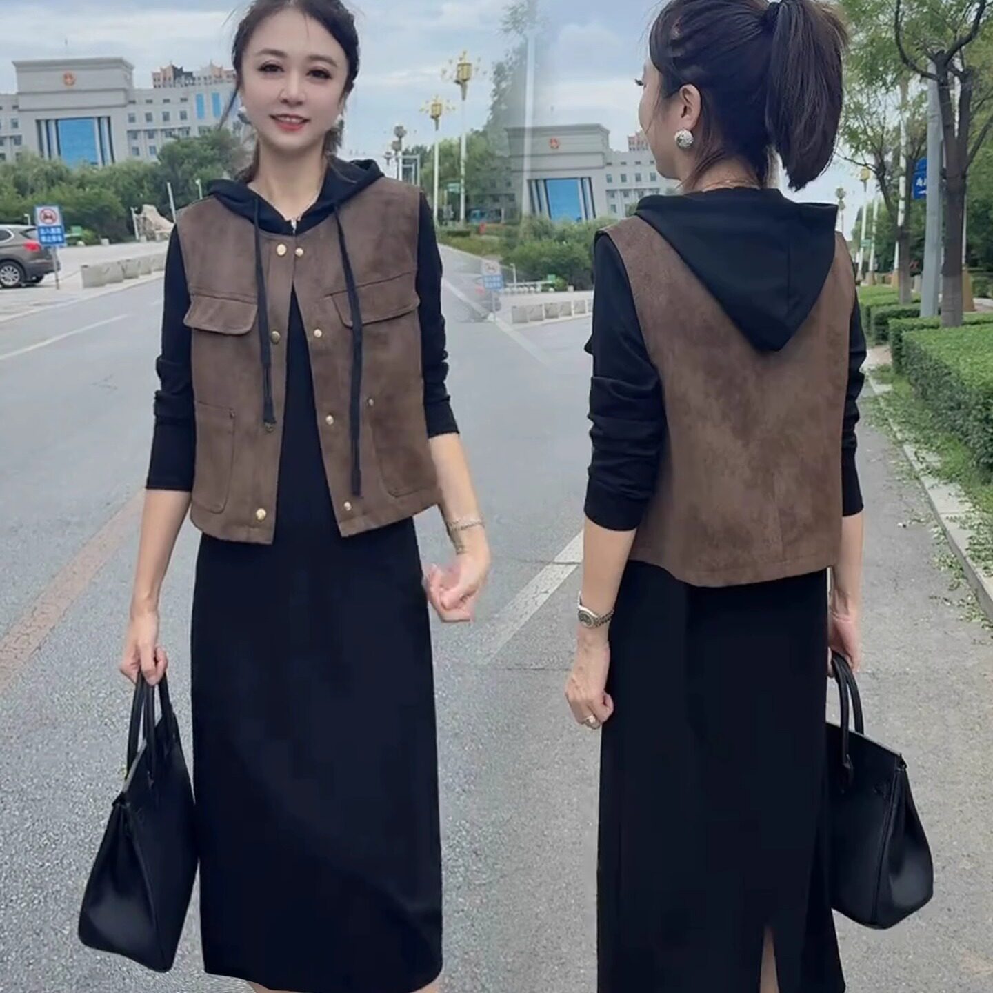 时尚马甲卫衣裙套装女2025秋款