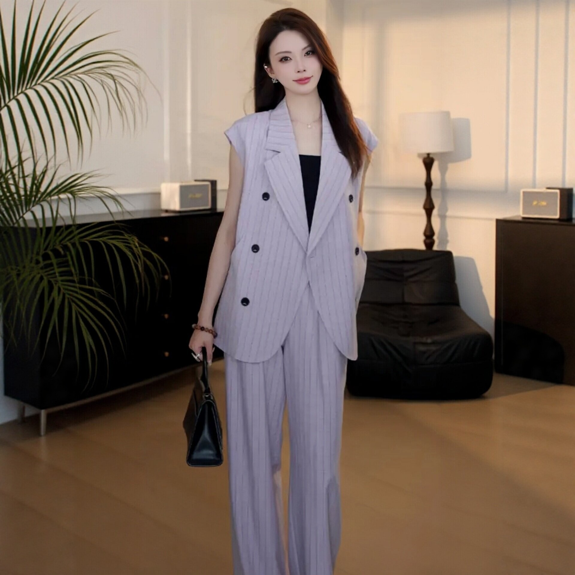 女夏显瘦条纹马甲阔腿裤两件套
