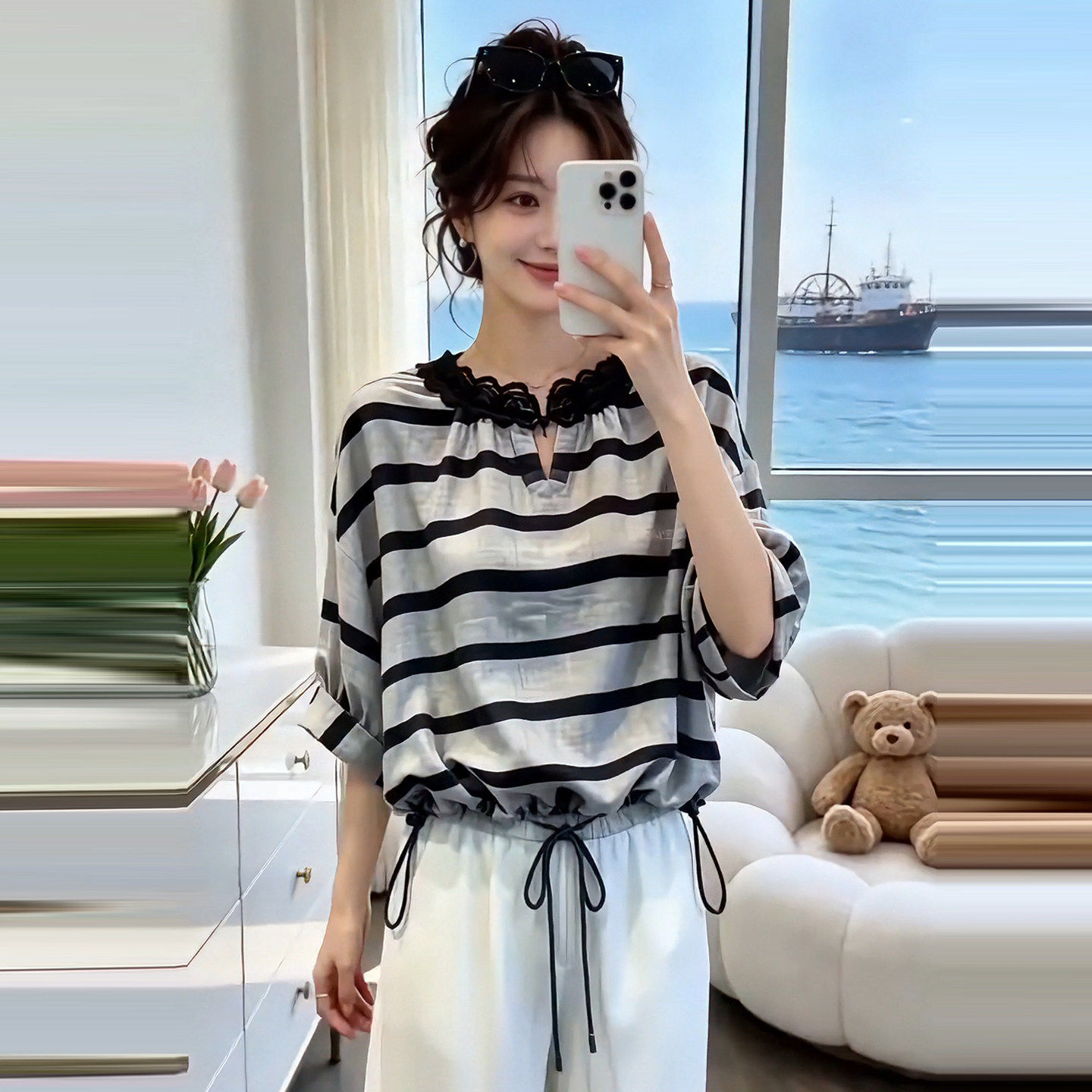 夏季蕾丝拼接条纹显瘦衬衫女