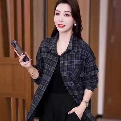 复古格子宽松款衬衫女2025秋