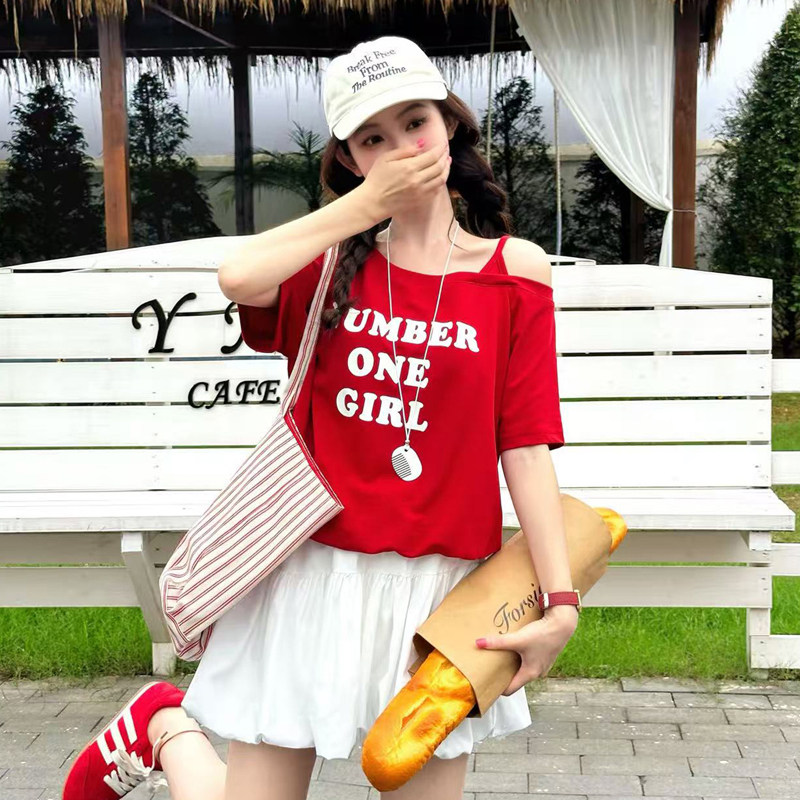 美式辣妹露肩红色字母短袖T恤女