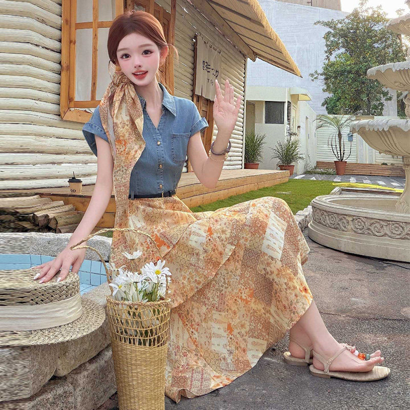夏薄款短袖牛仔上衣印花连衣裙女