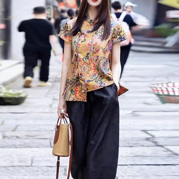 新中式时尚套装女2025夏季新款洋气盘扣斜襟衬衫阔腿裤气质两件套