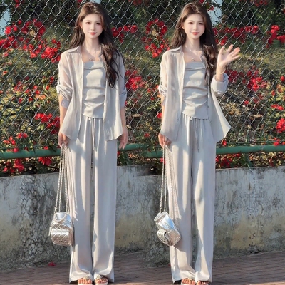 夏季冰丝防晒显瘦女阔腿三件套