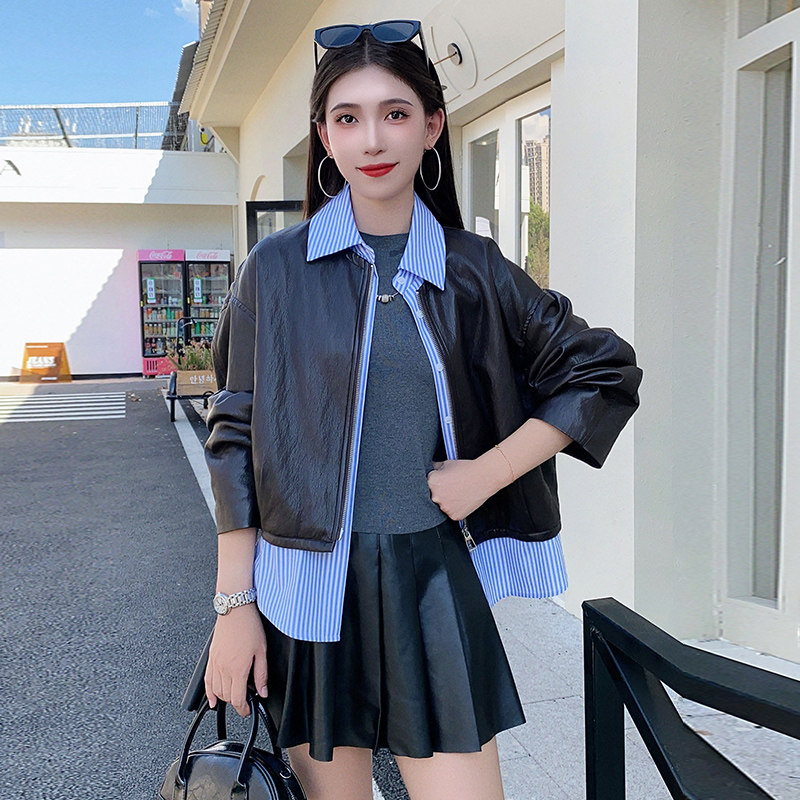 时尚短款皮衣外套女2025秋季新款洋气显瘦韩版假两件皮衣外套上衣