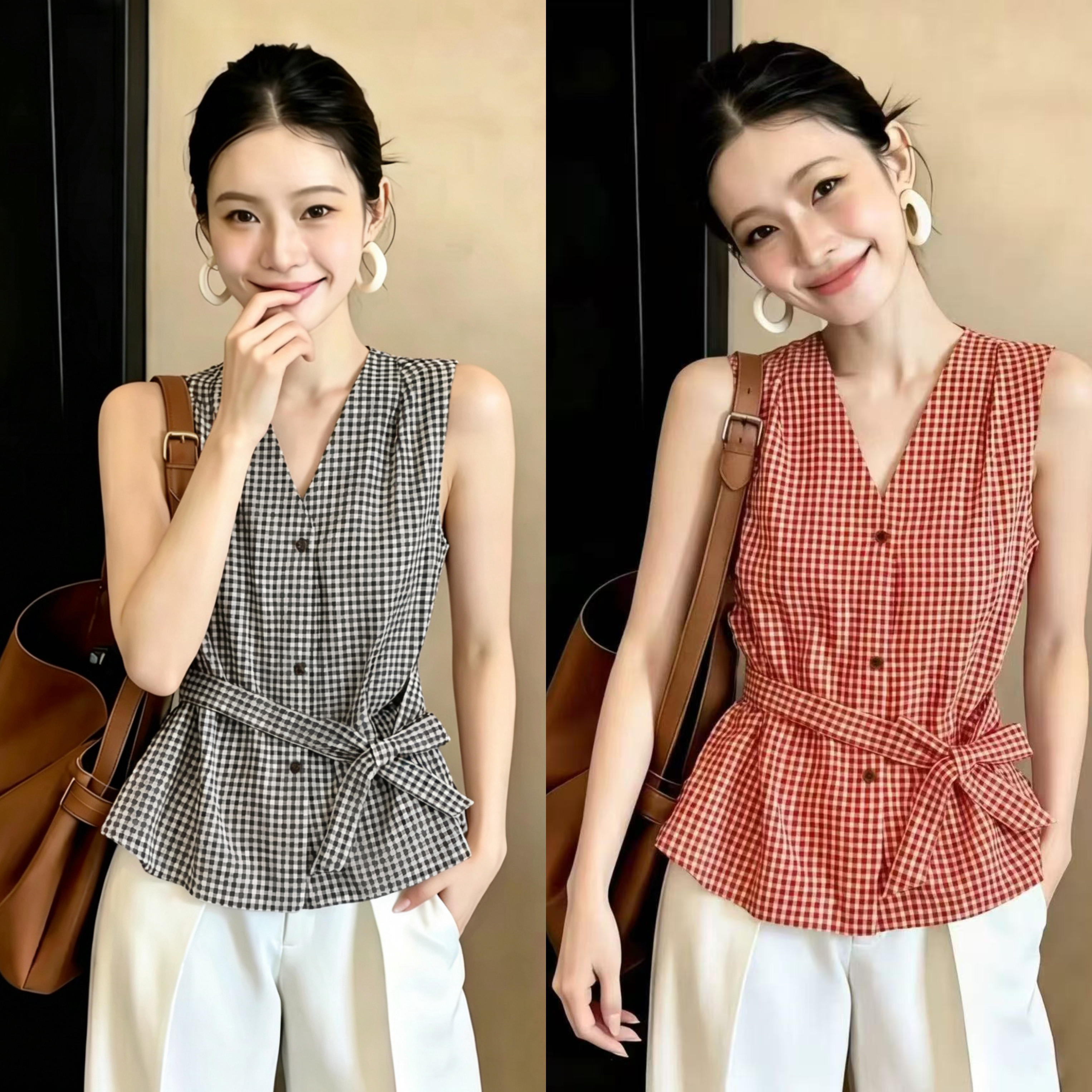 夏季港风格子V领显瘦绑带背心女