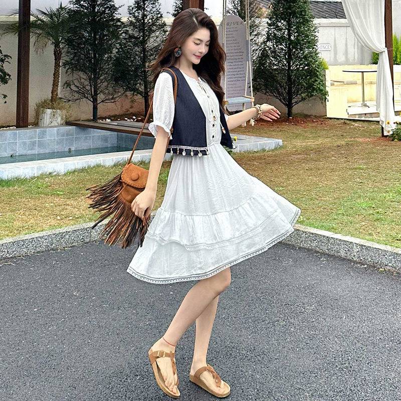 夏装波西米亚马甲连衣裙套装女