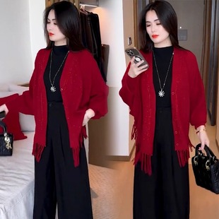洋气显瘦小个子保暖针织烫钻短外套潮 新款 时尚 流苏外披女2025秋季