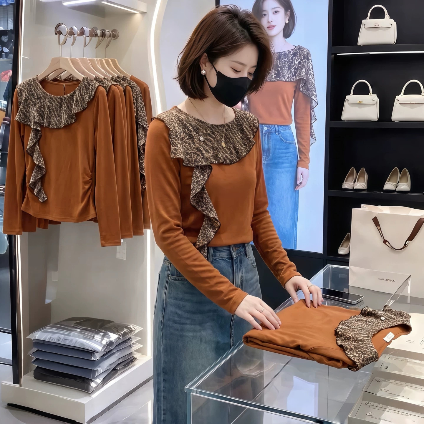 豹纹荷叶边假两件显瘦长袖T恤女