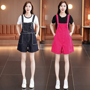 韩版牛仔背带裤套装女2026夏款短袖圆领t恤休闲背带阔腿裤两件套