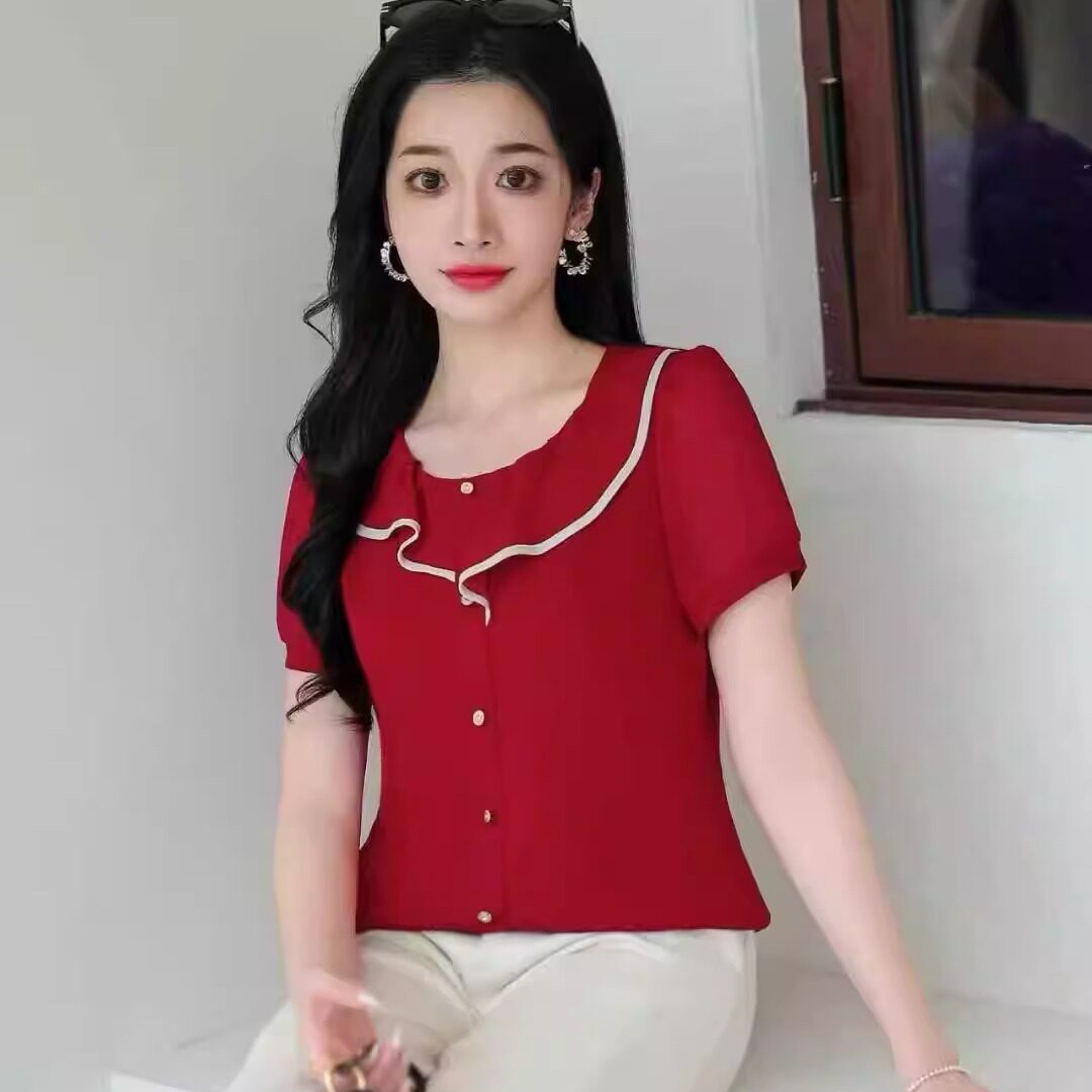 夏季法式小香风木耳边短袖T恤女