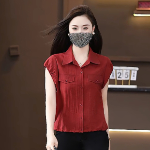 气质短袖 洋气减龄显瘦翻领纯色短袖 衬衫 新款 T恤潮 女2025夏季 时尚