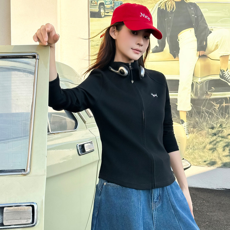 春季立领拉链显瘦纯色卫衣外套女