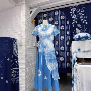 2025夏季新款扎染旗袍云南大理纯手工植物扎染中国风盘扣复古旗袍