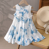 云南大理古法扎染大蝴蝶结背心裙女童洋气公主连衣裙蓝染甜美裙子
