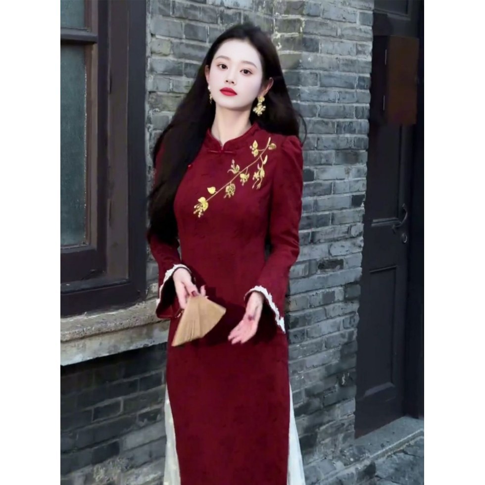 新中式假两件旗袍高端大气上档次订婚礼服国风长袖红色刺绣连衣裙