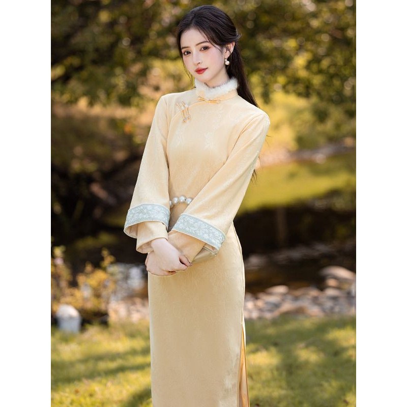 黄色加绒加厚冬装国风新中式长袖旗袍2025新款年轻款女复古秋冬季