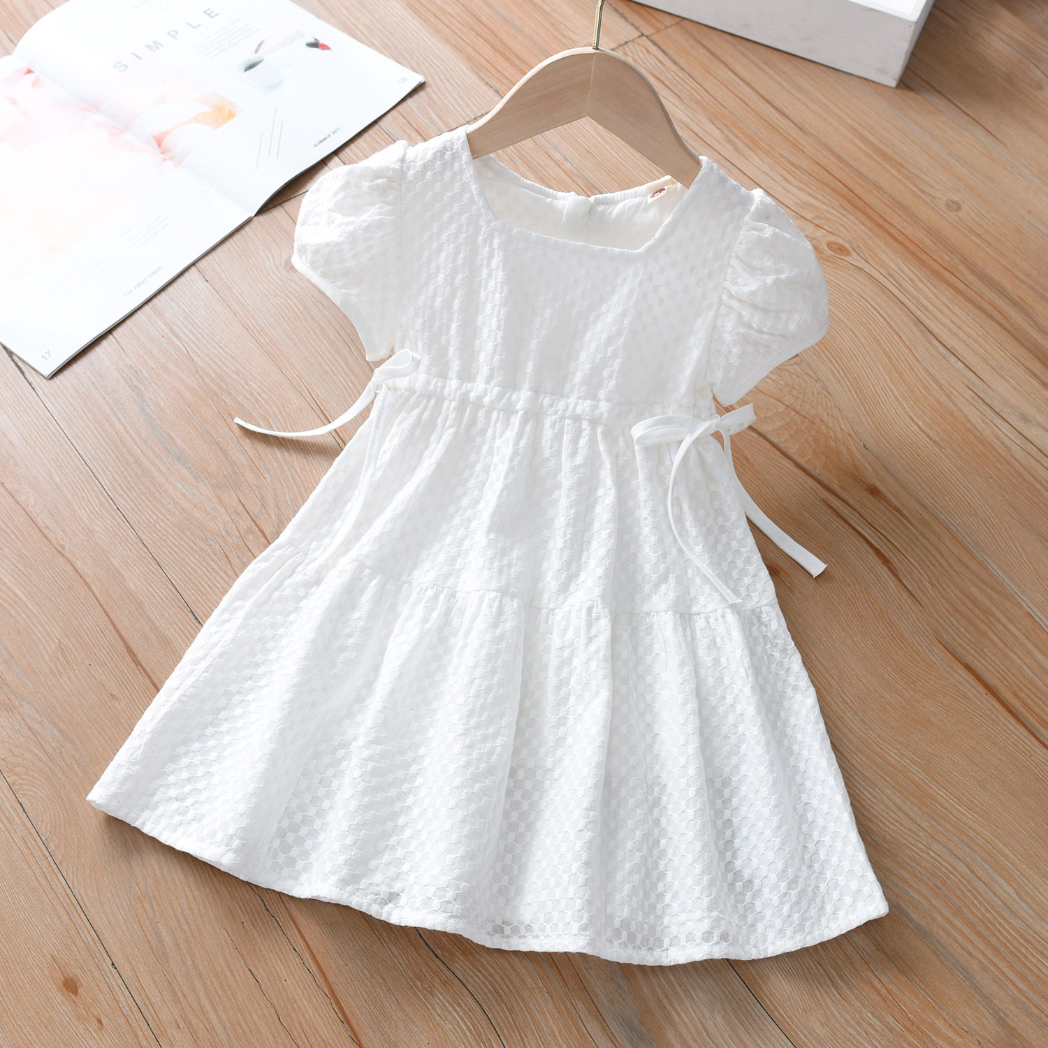 女童白色连衣裙夏装中大童纯色提花方领公主裙2024新款中大童白裙