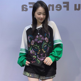 圆领太空棉拼接 欧货女装 烫钻大码 卫衣女秋冬季 外套宽松时尚