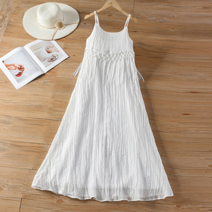 可扎染流苏吊带连衣裙女度假风纯白旅游收腰显瘦沙滩长裙