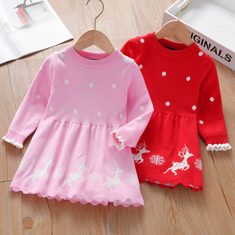女童连衣裙秋装圣诞麋鹿毛衣裙2025新款儿童长袖圆领针织公主裙秋