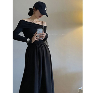 茶歇感收腰显瘦长袖 白色一字肩连衣裙女装 法式 新款 裙子潮 秋季