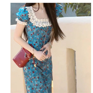 泡泡袖 法式 新款 2025夏季 蕾丝长裙 高级感蓝色碎花方领连衣裙子女装