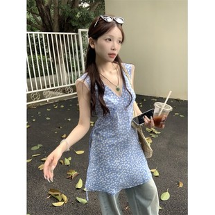 收腰短裙子 度假风无袖 韩系蓝色清新碎花v领背心连衣裙女夏季 修身