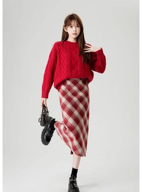 红色格子半身裙女秋冬季高腰显瘦遮跨春季中长款毛呢a字裙包臀裙