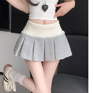 小众拼色蕾丝花边拼接半身裙女百褶辣妹撞色设计高腰a字裙子