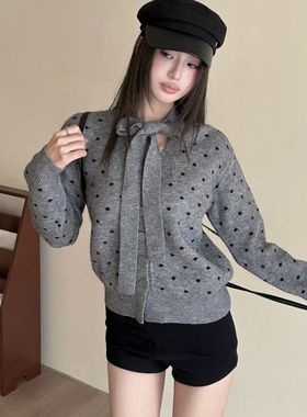 2025秋冬灰色波点系千金风上衣蝴蝶结针织开衫毛衣女小香风韩