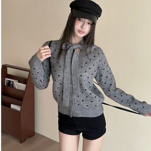 2025秋冬灰色波点系千金风上衣蝴蝶结针织开衫 毛衣女小香风韩