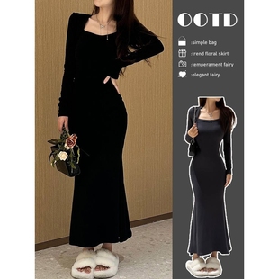 性感纯欲包臀鱼尾裙子 长裙新款 气质修身 收腰显瘦连衣裙女秋冬法式