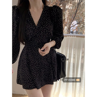 复古温柔海边度假风茶歇气质短裙子 法式 黑色波点裙连衣裙女装 秋季