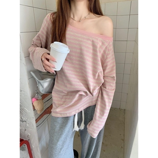 7825条纹斜肩长袖 T恤女宽肩上衣