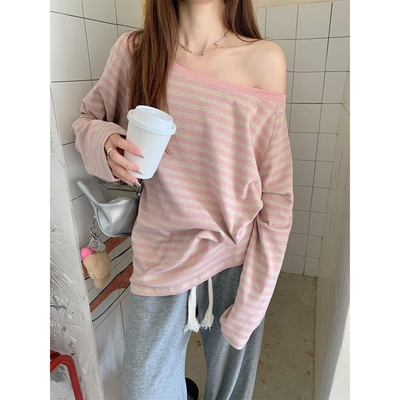 7825条纹斜肩长袖T恤女宽肩上衣
