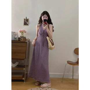 法式 挂脖吊带连衣裙夏季 度假风波点裙胖MM遮肚子显瘦裙子 女装 大码