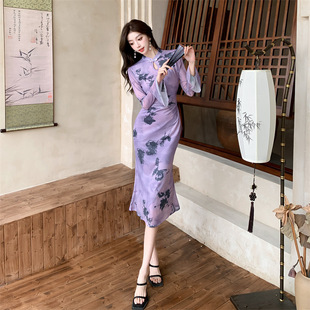 国风旗袍长袖 紫色长裙裙子女装 连衣裙2025秋装 秋季 新款 春秋新中式